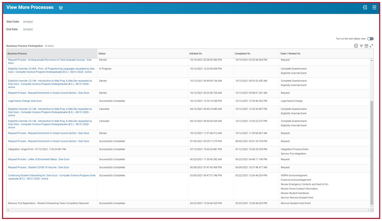 A screenshot of the View More Processes screen in the Workday Inbox archive. At the top of the screen, there are two fields: Start Date and End Date. They are listed as Empty. There is a box labeled as Business Process Participation, with a series of columns, including: Business Process, Status, Initiated On, Completed On, and Tasks I Worked On.