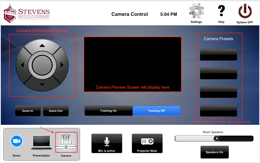 screenshot of camera control on touch panel