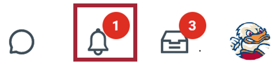 The four icons in the top right task bar on the Workday homepage. The four icons include four small boxes making a square for quick access, a bell icon for notifications, a file box for inbox and profile picture for profile. The bell icon for notifications is highlighted.