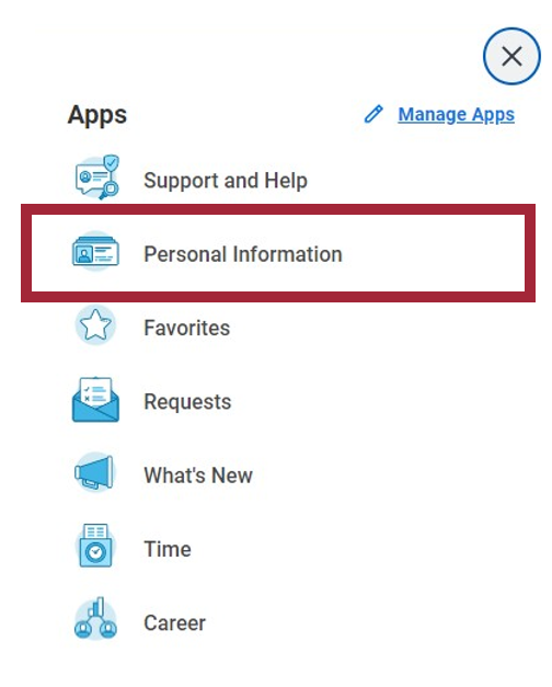 The Apps dropdown menu on the Workday homepage. There is a list of options under the Apps heading, with the Personal Information app highlighted.
