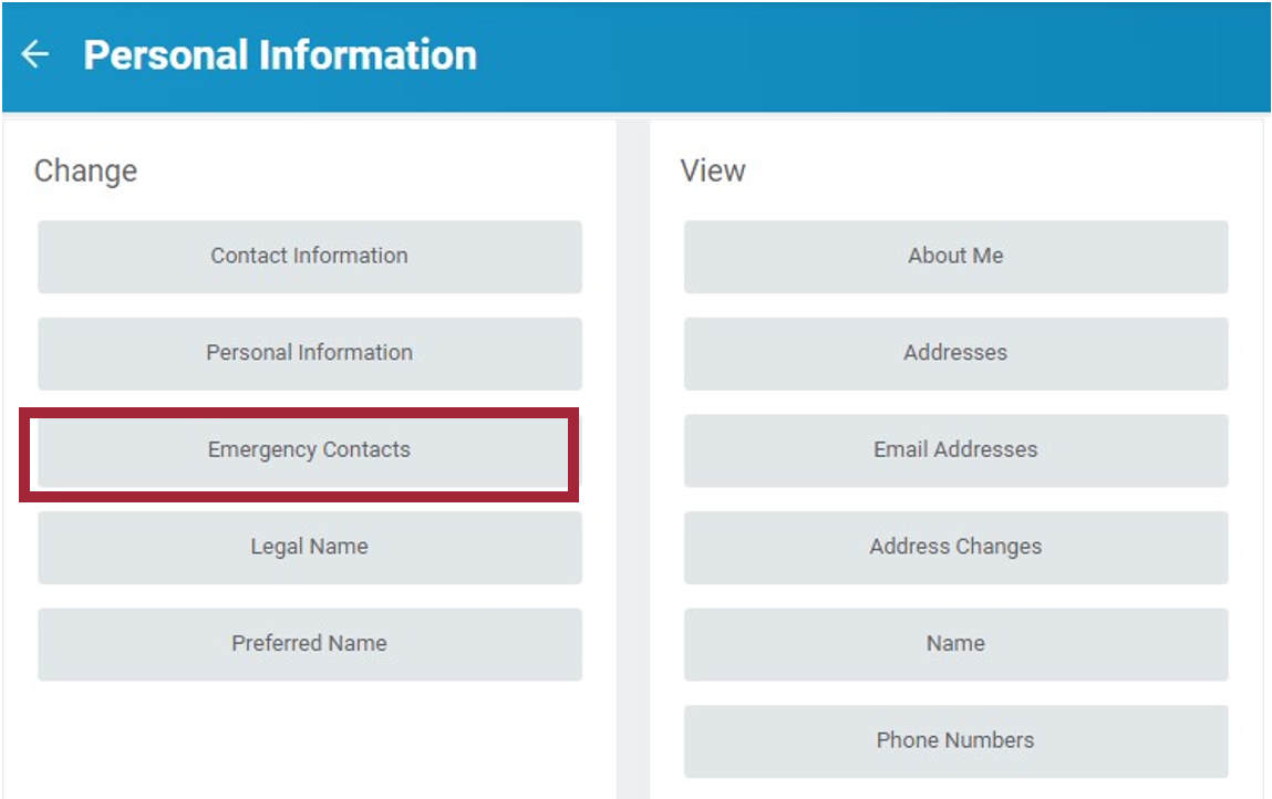 The Personal Information Action page. There are two columns listed: Change and View, with a series of options below them. Under the Change column, the Emergency Contacts option is highlighted.