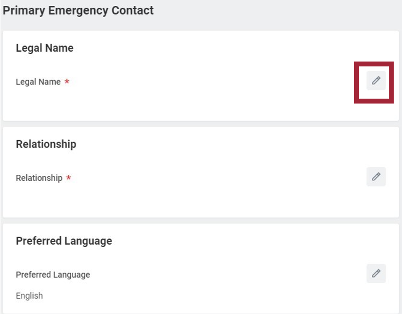 The Primary Emergency Contact information page. There are several sections listed, including Legal Name and Relationship. In each section, there is a pencil icon on the right to edit the section.