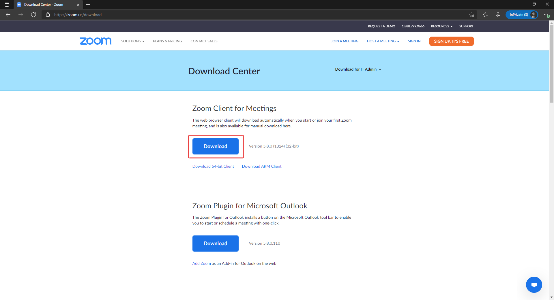 Download page for Zoom Client