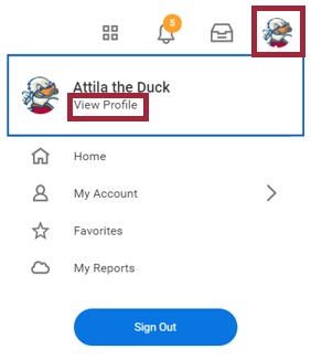 The Workday user interface. The user profile image is highlighted to indicate users should click their profile image and click View Profile for additional settings.