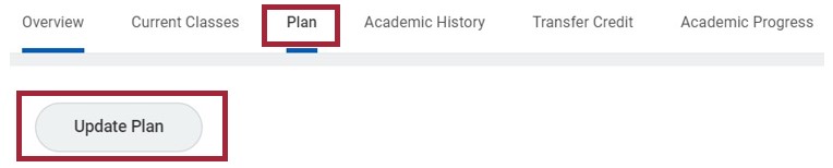 The Academics section of the user's Workday profile. There are a series of tabs along the top, with Plan highlighted. Beneath these tabs there is a gray "Update Plan" button that is highlighted.