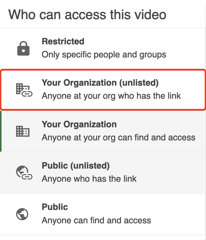 Panopto access option on who can access a video options