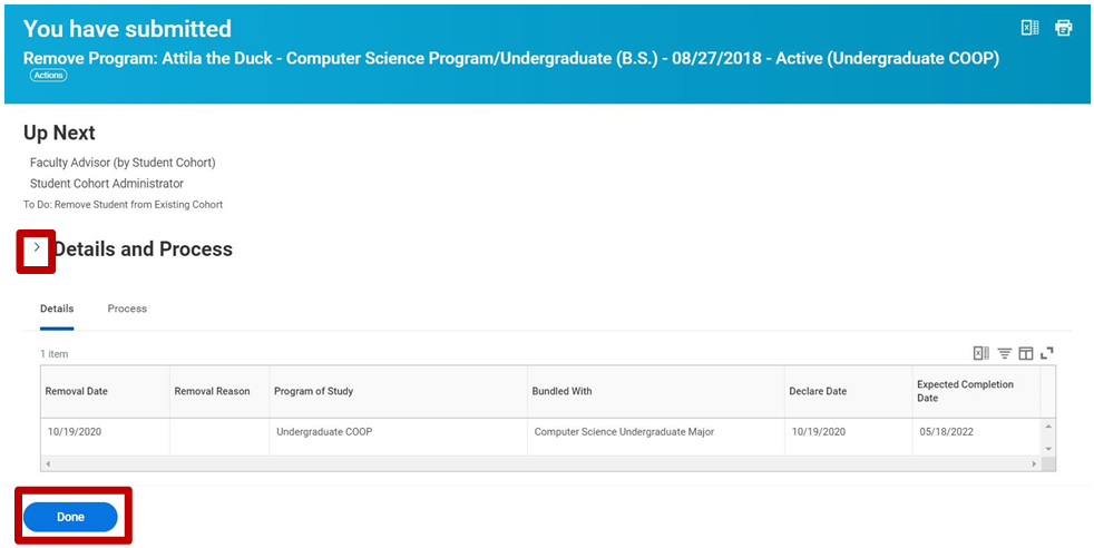 A screenshot confirming the user has submitted a remove program of study for the Computer Science Undergraduate Major program. The user clicks on the blue Done button.