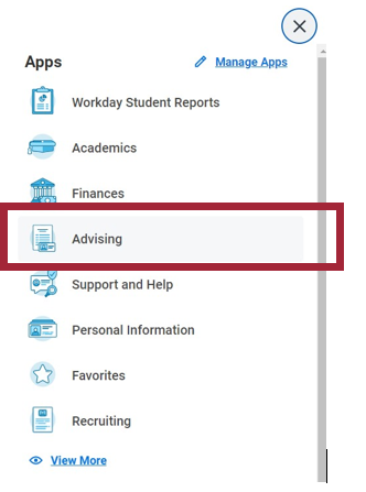 The Global Navigation menu expanded from the Workday Today homepage. A series of Apps are listed in the menu, with the Advising app highlighted.