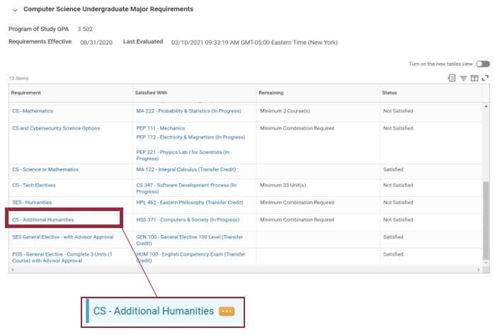 User interface showing student's academic requirements. User selects which academic requirement they want to override. The CS-Additional Humanities requirement is highlighted.