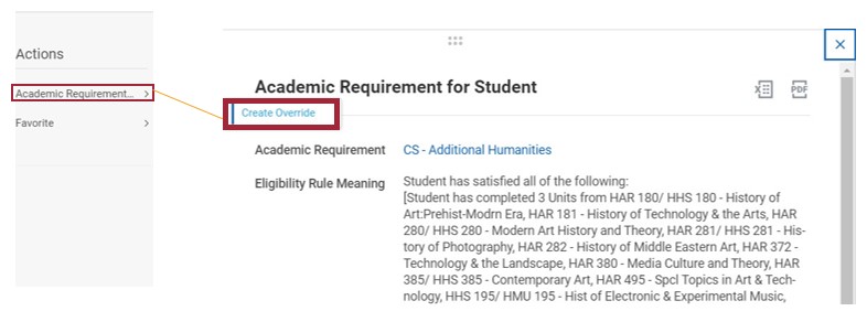 Screenshot displaying the Related Actions tabs. User selects Academic Requirements, then Create Override from the menu.