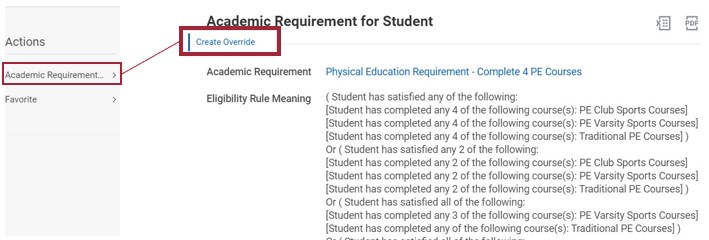 Graphical user interface displaying the Academic Requirement menu. The user selects Academic Requirement for Student information, then selects Create Override.