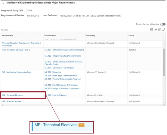User interface showing student's Academic Requirements. User selects which academic requirement they want to override. The ME-Technical Electives requirement is highlighted.