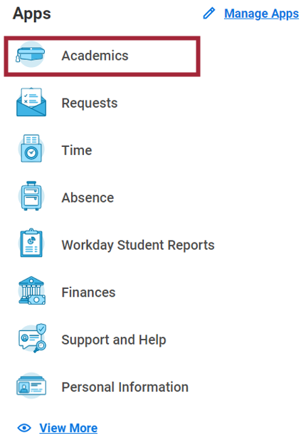 The Global Navigation menu expanded from the Workday Today homepage. A series of Apps are listed in the menu, with the Academics app highlighted.