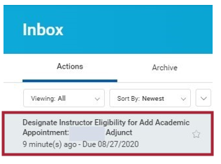 The Workday Inbox screen with the Designate Instructor Eligibility inbox item highlighted under the Actions tab.