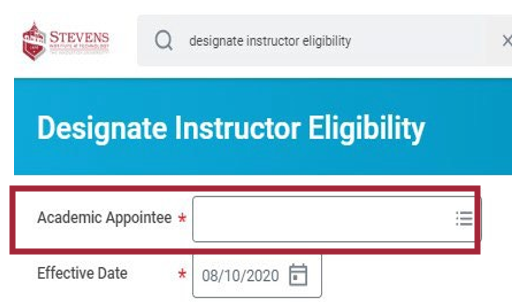 The Designate Instructor Eligibility function with the Academic Appointee editable field highlighted.