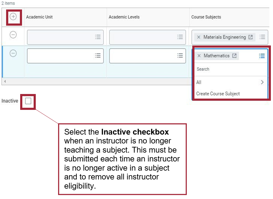 The Instructor eligibility information screen. The plus icon is highlighted to show how to add additional subjects to an eligible instructor's role at Stevens. The Course Subjects dropdown menu is open, showing additional subjects to choose from.
