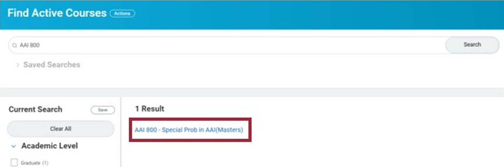 The Find Active Courses interface. The search bar shows the user entered AAI 800. Based on this search, there is one result, AAI 800-Special Prob in AAI(Masters). The user selects the result to view course information.