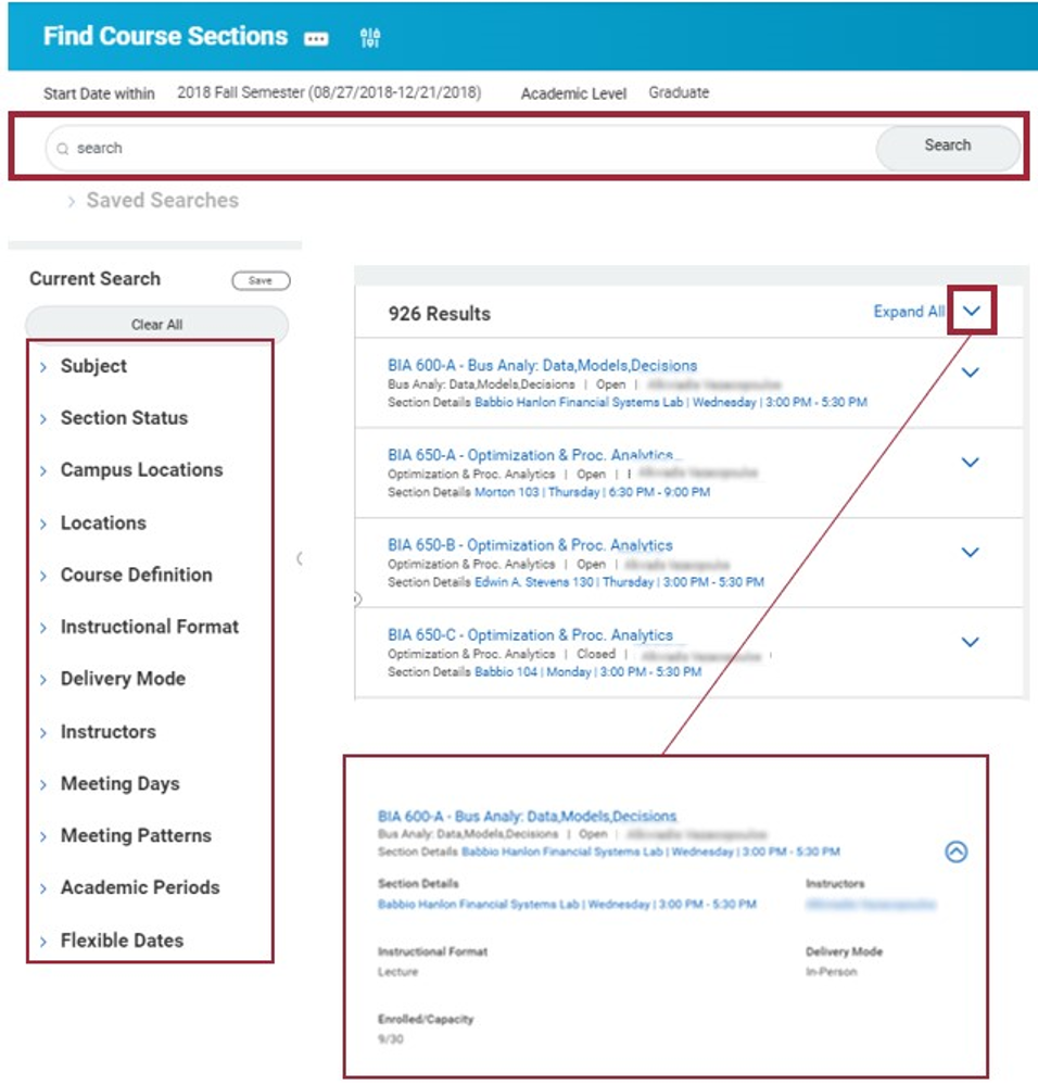 The Find Course Sections results page. The global search bar can be used at the top of the page, while additional filters are listed on the left side of the page. There are results listed in the middle; each result has a drop-down menu that expands and shows the details of the specific section.