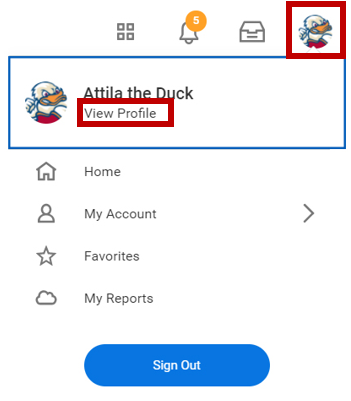 A screenshot of the Workday user interface. The user profile image is highlighted to indicate users should click their profile image and click view profile for additional settings.