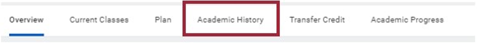 The student’s Academic section with the Academic History tab highlighted.