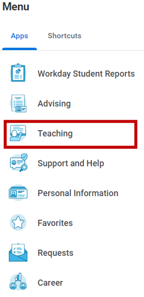 The Global Navigation menu expanded from the Workday Today homepage. A series of Apps are listed in the menu, with the Teaching app highlighted.