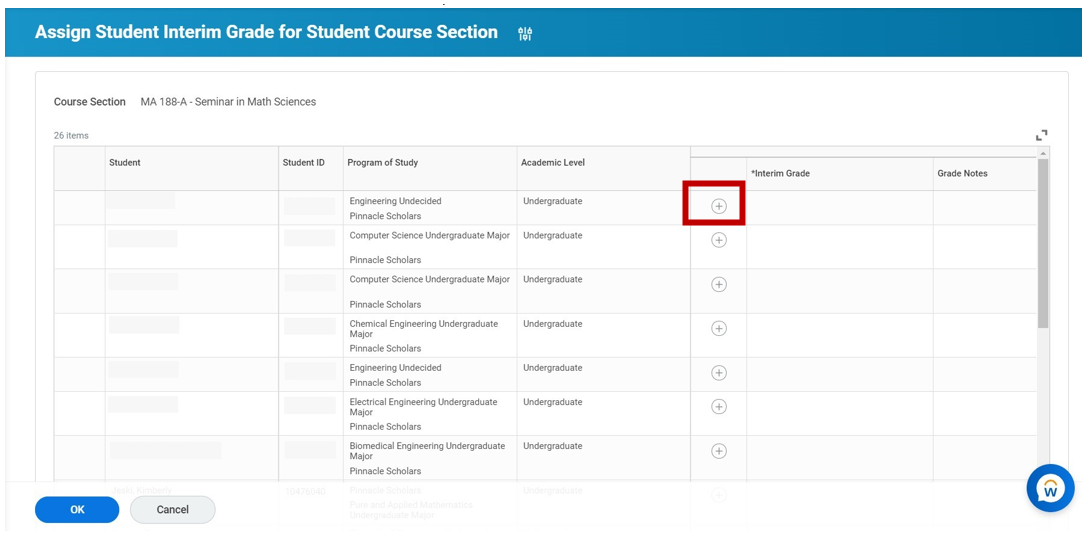 A screenshot of Assign Student Interim Grade for Student Course Section. The Course Section name is listed at the top: MA 188-A - Seminar in Math Sciences, with a series of columns below. The columns include: Student, Student ID, Program of Study, Academic Level, Interim Grade, and Grade Notes. Under the Interim Grade column there are a series of plus (+) icons. The top plus icon is highlighted. There are two buttons at the bottom: a blue OK button and a gray Cancel button.
