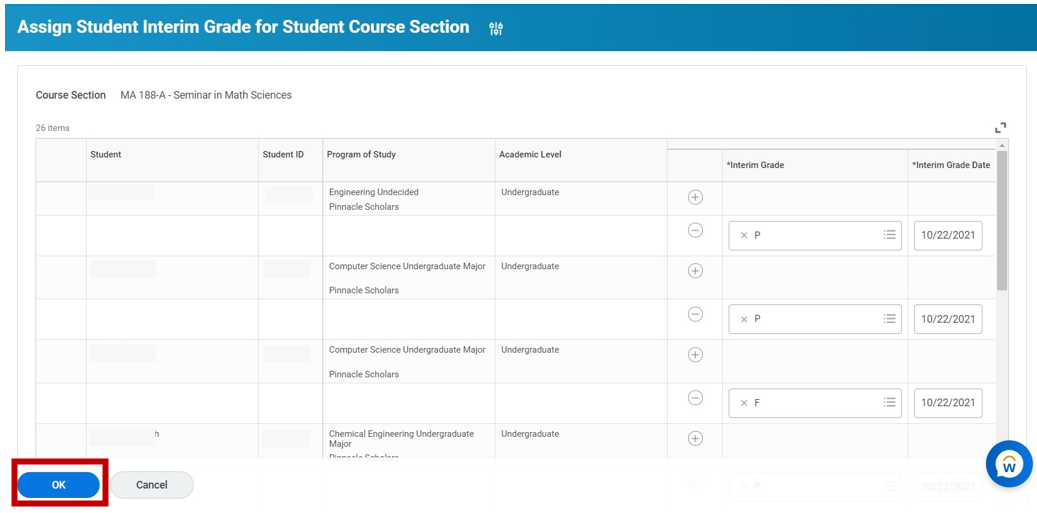 A screenshot of the Assign Student Interim Grade for Student Course Section. The Course Section is listed under the title: MA 188-A - Seminar in Math Sciences. There are a series of columns, including Student, Student ID, Program of Study, Academic Level, Interim Grade, and Interim Grade Date There are student grades entered in the Interim Grade column. The Interim Grade Date shows the date that the grades were entered or edited. There are two buttons at the bottom of the page: a blue OK button and a gray Cancel button. The OK button is highlighted.
