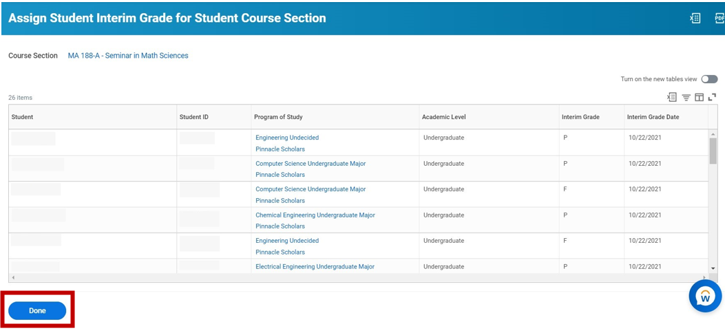 A screenshot of Assign Student Interim Grade for Student Course Section. The Course Section is listed at the top: MA 188-A - Seminar in Math Sciences. There are a series of columns: Student, Student ID, Program of Study, Academic Level, Interim Grade (with grades entered), and Interim Grade date showing the date the grades were entered. There is a blue Done button at the bottom of the screen, which is highlighted.