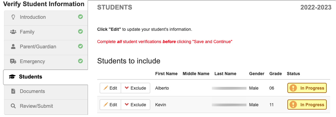 list of students with "edit" buttons for updating their information. "In progress" buttons on the right.