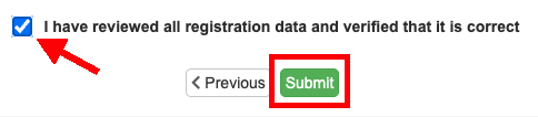 Checkbox next to text that reads "I have reviewed all registration data and verified that it is correct." A "submit" button below is highlighted.