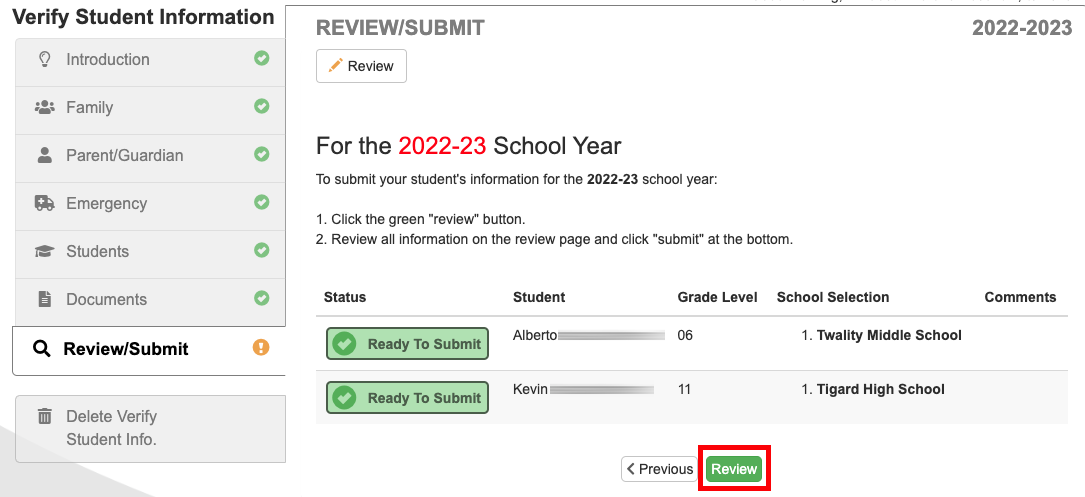 list of students. status button reads "ready to submit." A "review" button at the bottom of the page is highlighted.