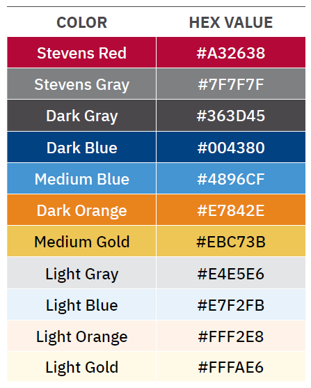 Stevens Red #A32638 Stevens Gray #7F7F7F Dark Gray #363D45 Dark Blue #004380 Medium Blue #4896CF Dark Orange #E7842E Medium Gold #EBC73B Light Gray #E4E5E6 Light Blue #E7F2FB Light Orange #FFF2E8 Light Gold #FFFAE6