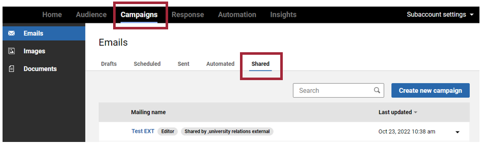 Image of Shared Tab in Campaigns Page
