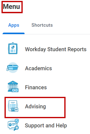 Screenshot displaying user's Workday homepage. Under applications tab user selects Advising.