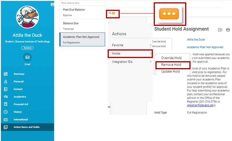 A screenshot displaying the student's active holds. The user selects the Update Hold action.