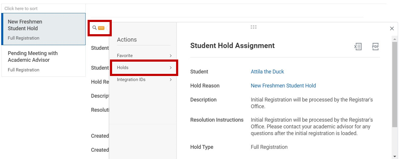The Related Actions button is selected next to the magnifying glass icon on the selected Student Hold. There is a window open from the Related Actions button with three options: Favorite, Holds, and Integration IDs. The Holds option is highlighted.