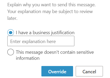 Screenshot of email override form pop-up