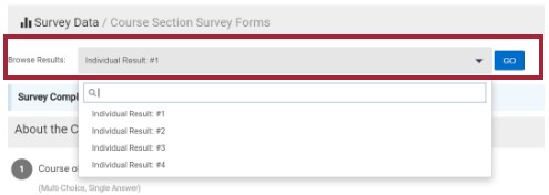 A screenshot of the Survey Data, with a drop-down menu to Browse Results. The menu is open, showing Individual Results 1-4, allowing the user to view an individual's anonymous results for the course evaluation.