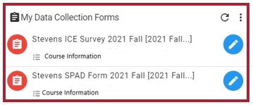 The AEFIS Dashboard with the My Data Collection Forms section highlighted. There are two forms listed in this section: Stevens ICE Survey 2021 Fall, and the Stevens SPAD Form 2021 Fall. To the right of these options is a blue pencil icon.