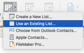 Pulldown menu with "Use an Existing List..." menu item selected