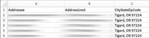 Excel spreadsheet with "addressee," AddressLIne1," and "CityStateZipCode" column headers