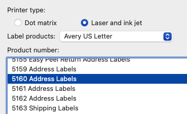 list of various mailing label types. "5160 Address Labels" is selected