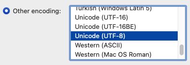 List of various encoding formats. Unicode (UTF-8) is selected.