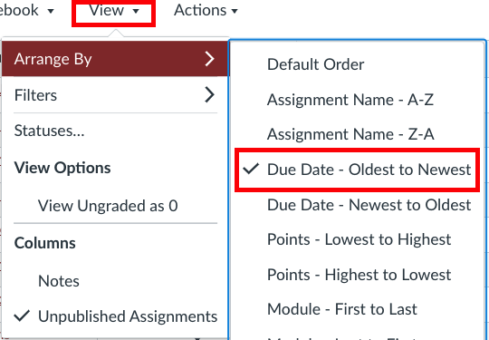 grade book view menu with "arrange by" submenu showing "due date - oldest to newest" showing