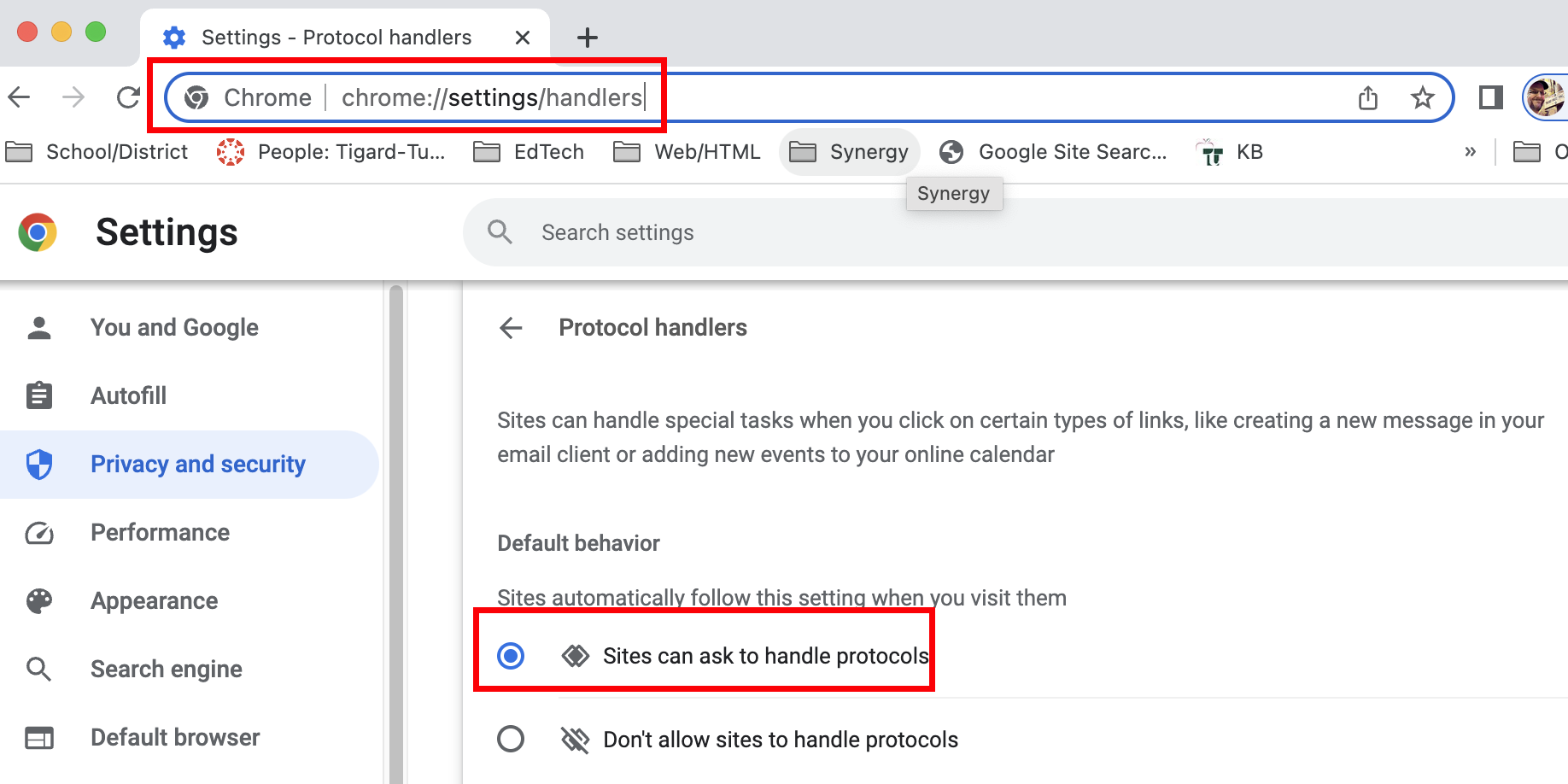 Chrome settings, protocol handlers area. button for "sites can ask to handle protocols" is selected