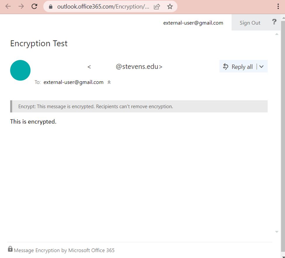 Screenshot of decrypted email message.