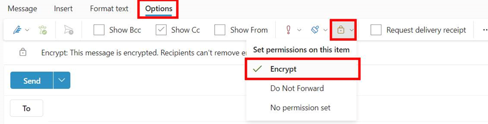 Screenshot displaying the Options toolbar in an Outlook email draft with the Encryption option.