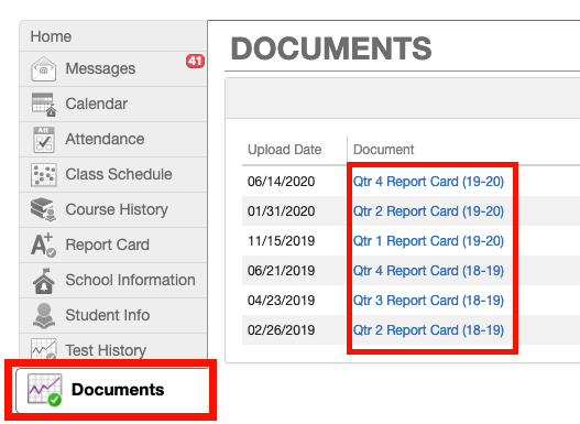 ParentVUE documents area with links to report card PDFs
