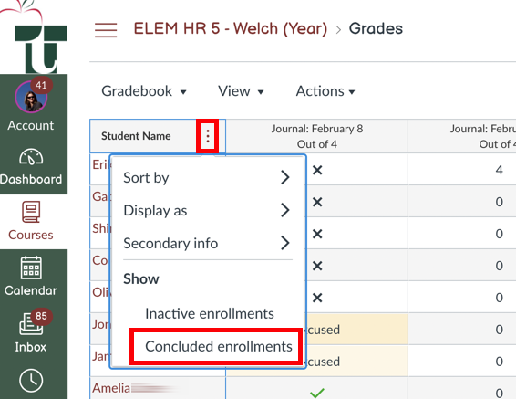 menu at top of the student column with "concluded enrollments" selected