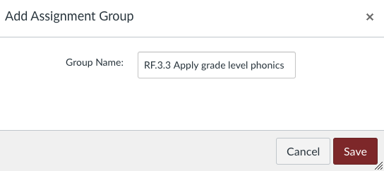 add assignment group window with a standard code and short description filled in.